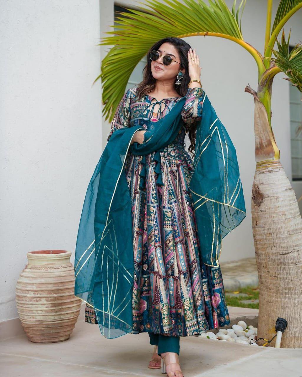 Elegant Teal Chinnon Gown Set