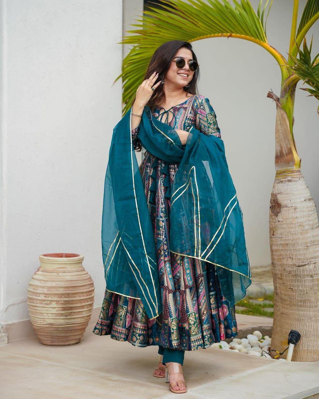 Elegant Teal Chinnon Gown Set