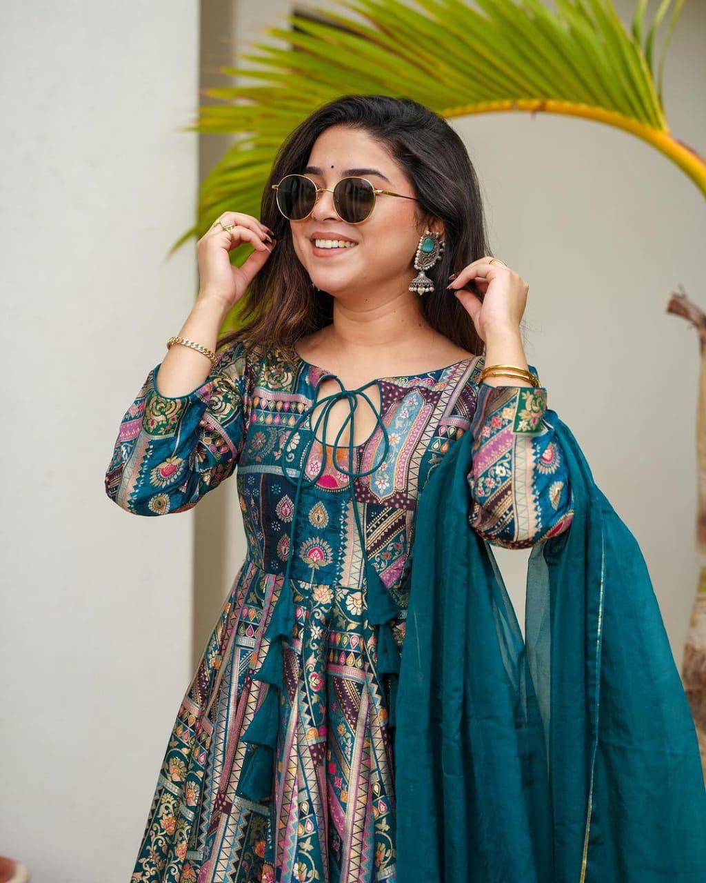 Elegant Teal Chinnon Gown Set