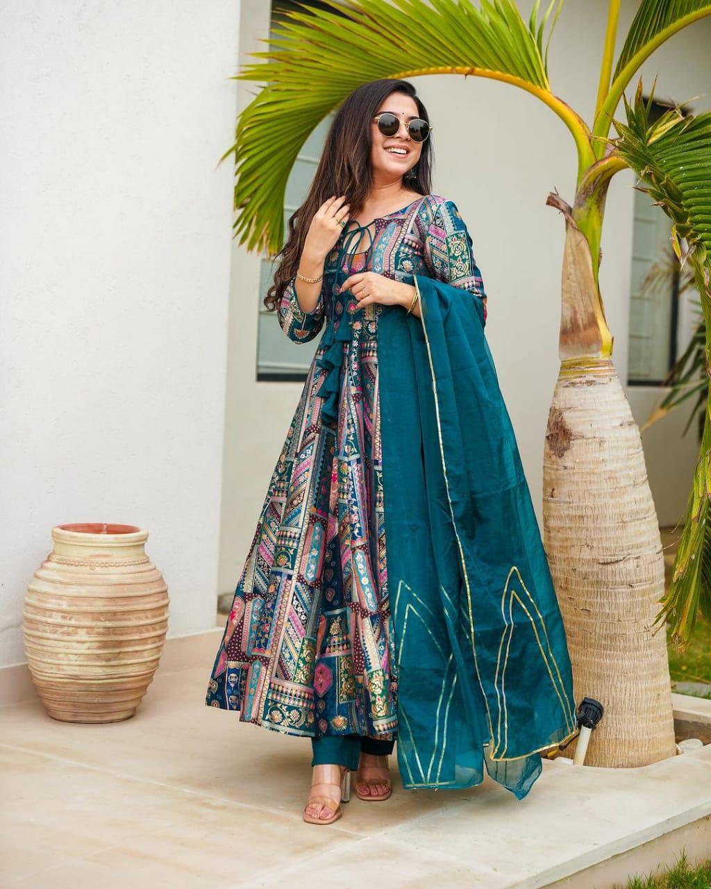 Elegant Teal Chinnon Gown Set