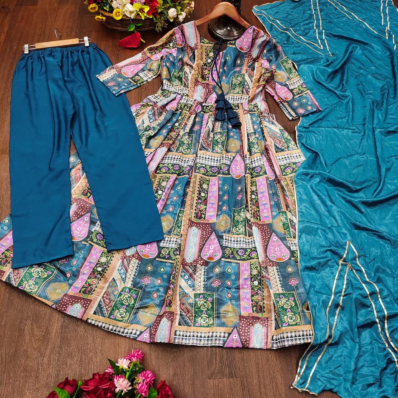 Elegant Teal Chinnon Gown Set