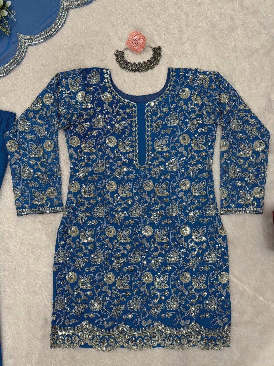 Elegant Navy Blue Faux Georgette Sharara Suit