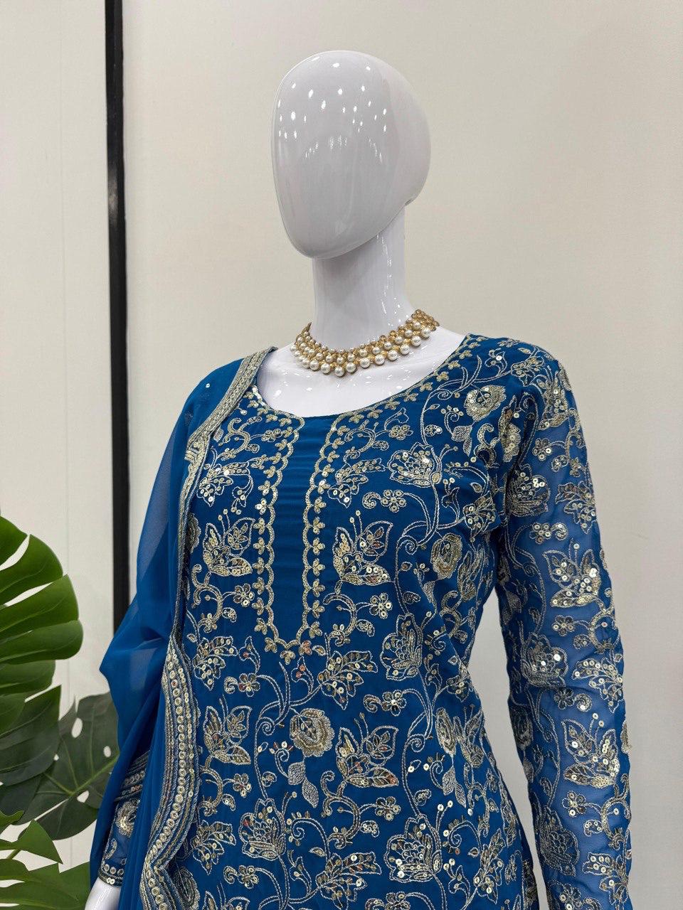 Elegant Navy Blue Faux Georgette Sharara Suit
