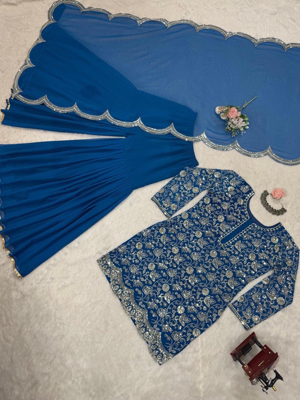 Elegant Navy Blue Faux Georgette Sharara Suit