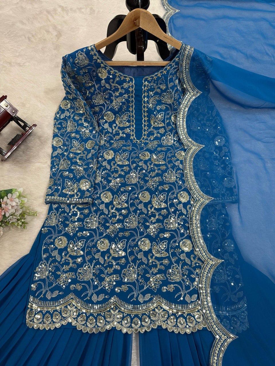 Elegant Navy Blue Faux Georgette Sharara Suit