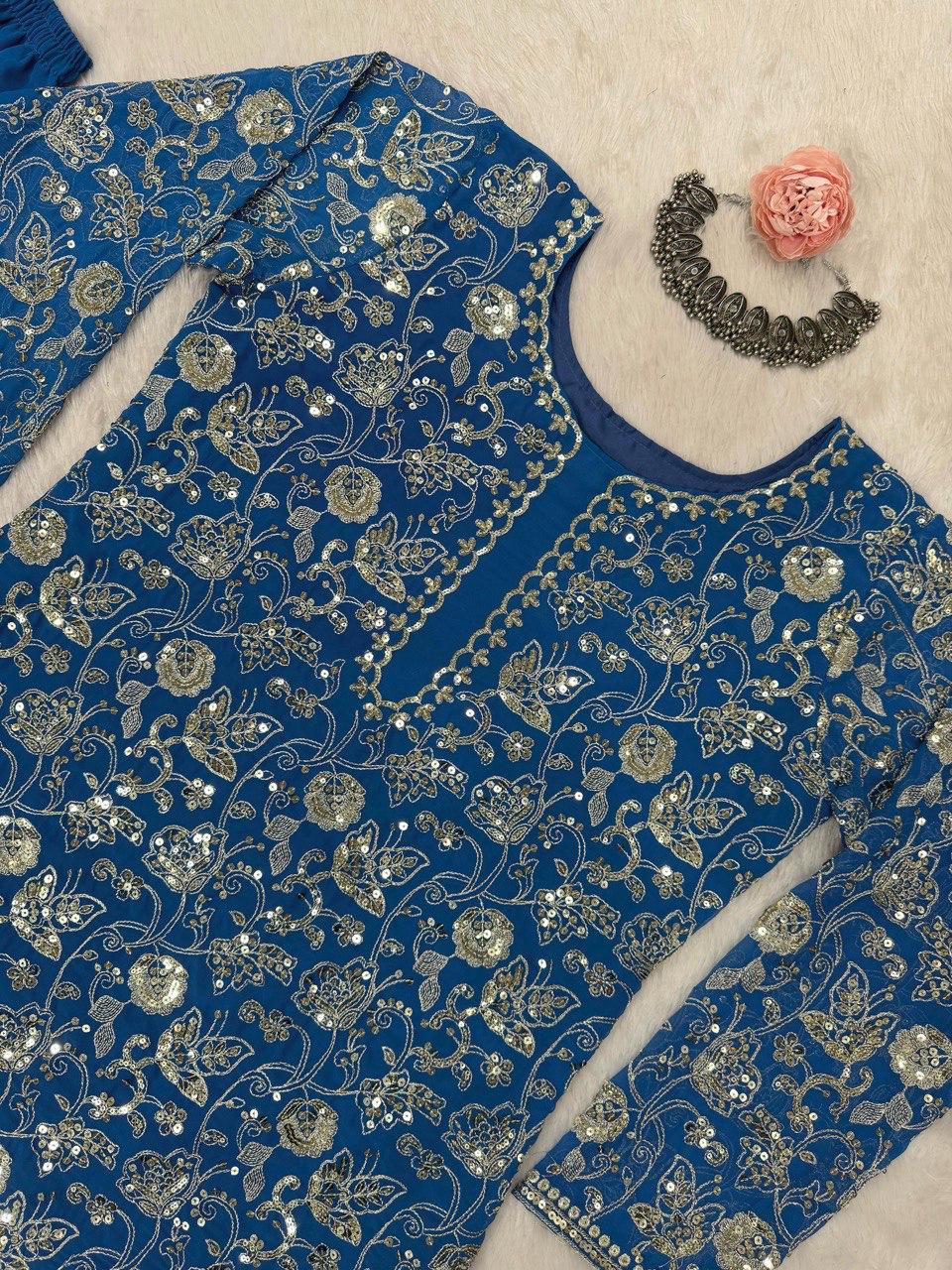 Elegant Navy Blue Faux Georgette Sharara Suit