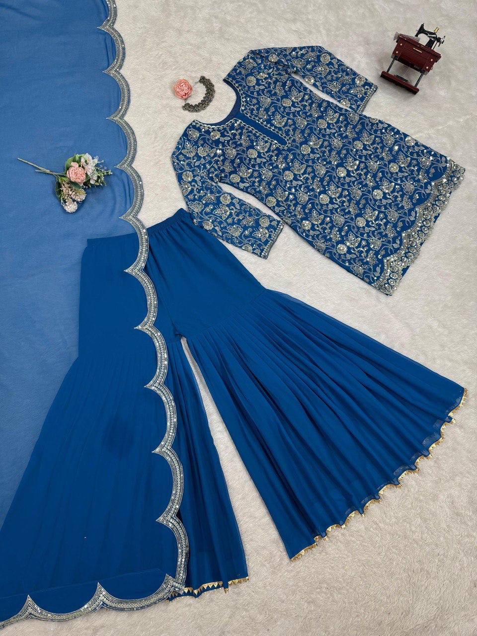 Elegant Navy Blue Faux Georgette Sharara Suit