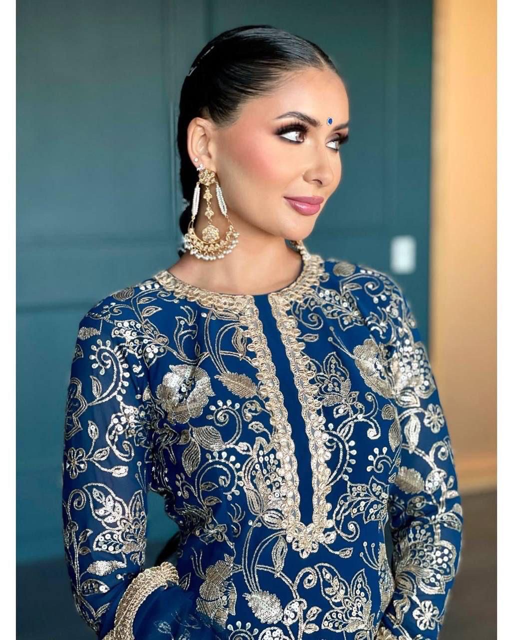 Elegant Navy Blue Faux Georgette Sharara Suit