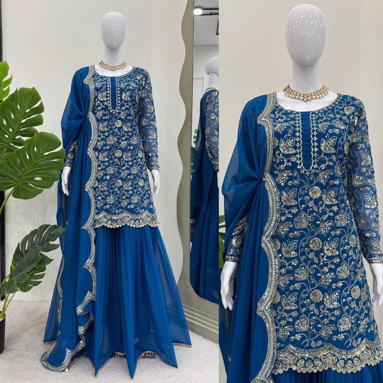 Elegant Navy Blue Faux Georgette Sharara Suit