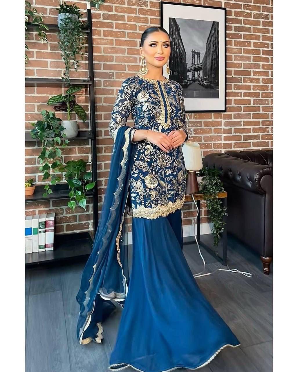 Elegant Navy Blue Faux Georgette Sharara Suit