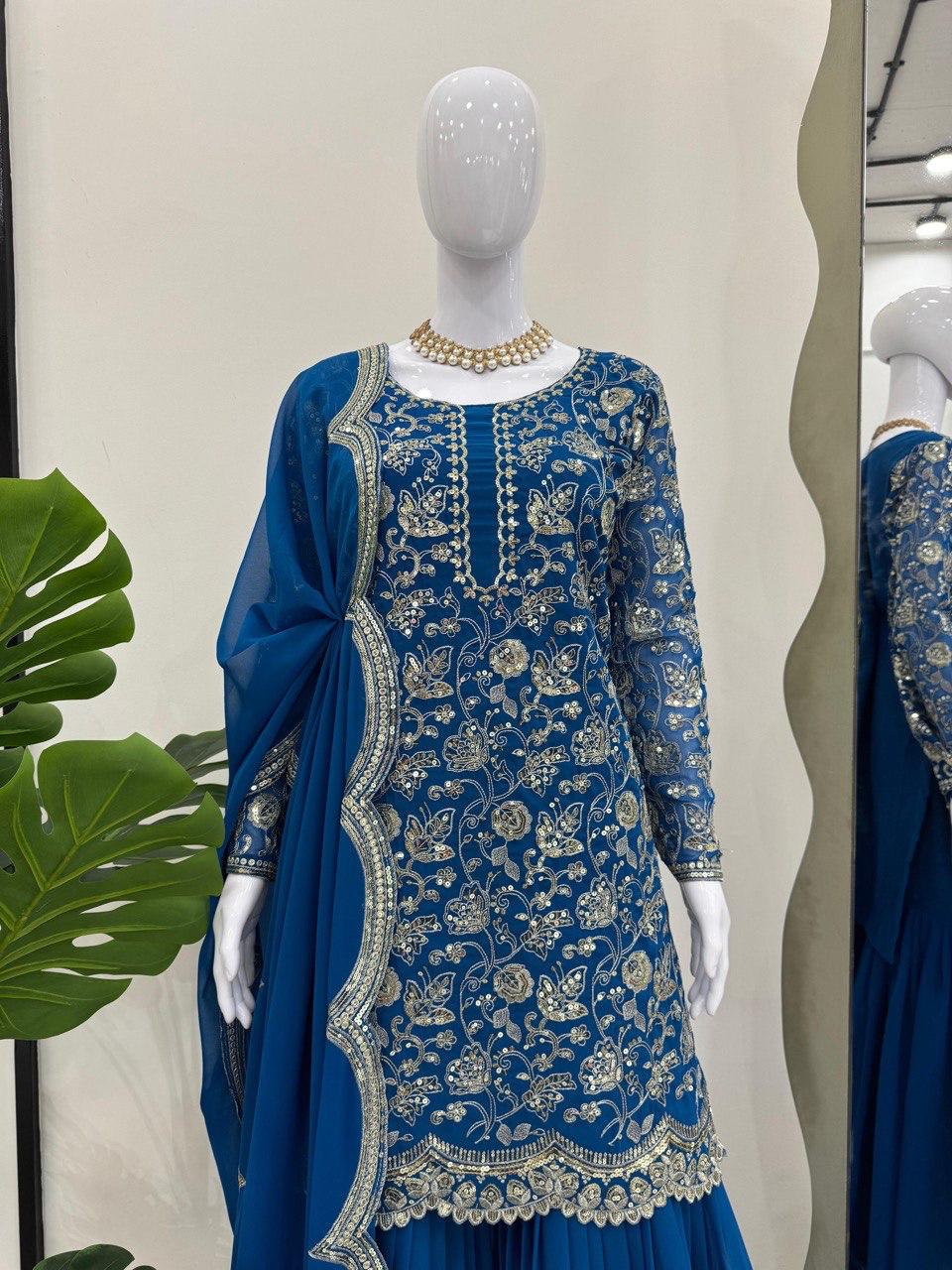 Elegant Navy Blue Faux Georgette Sharara Suit