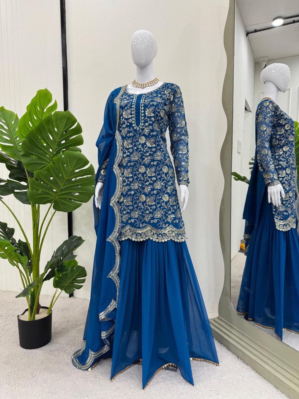 Elegant Navy Blue Faux Georgette Sharara Suit