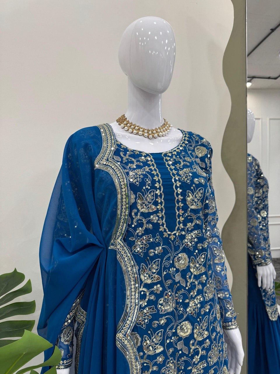 Elegant Navy Blue Faux Georgette Sharara Suit