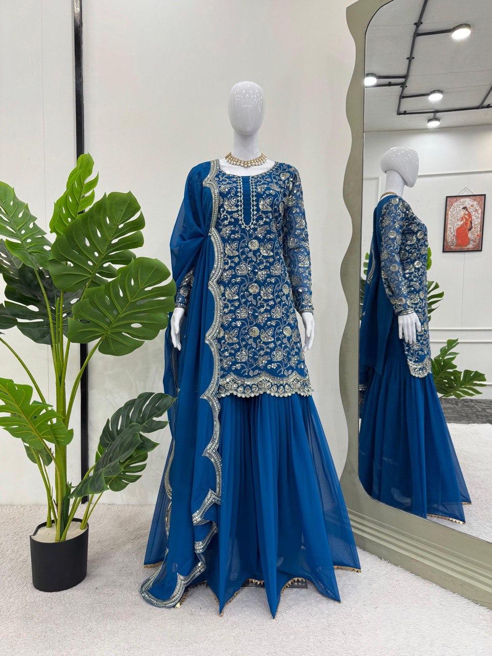 Elegant Navy Blue Faux Georgette Sharara Suit