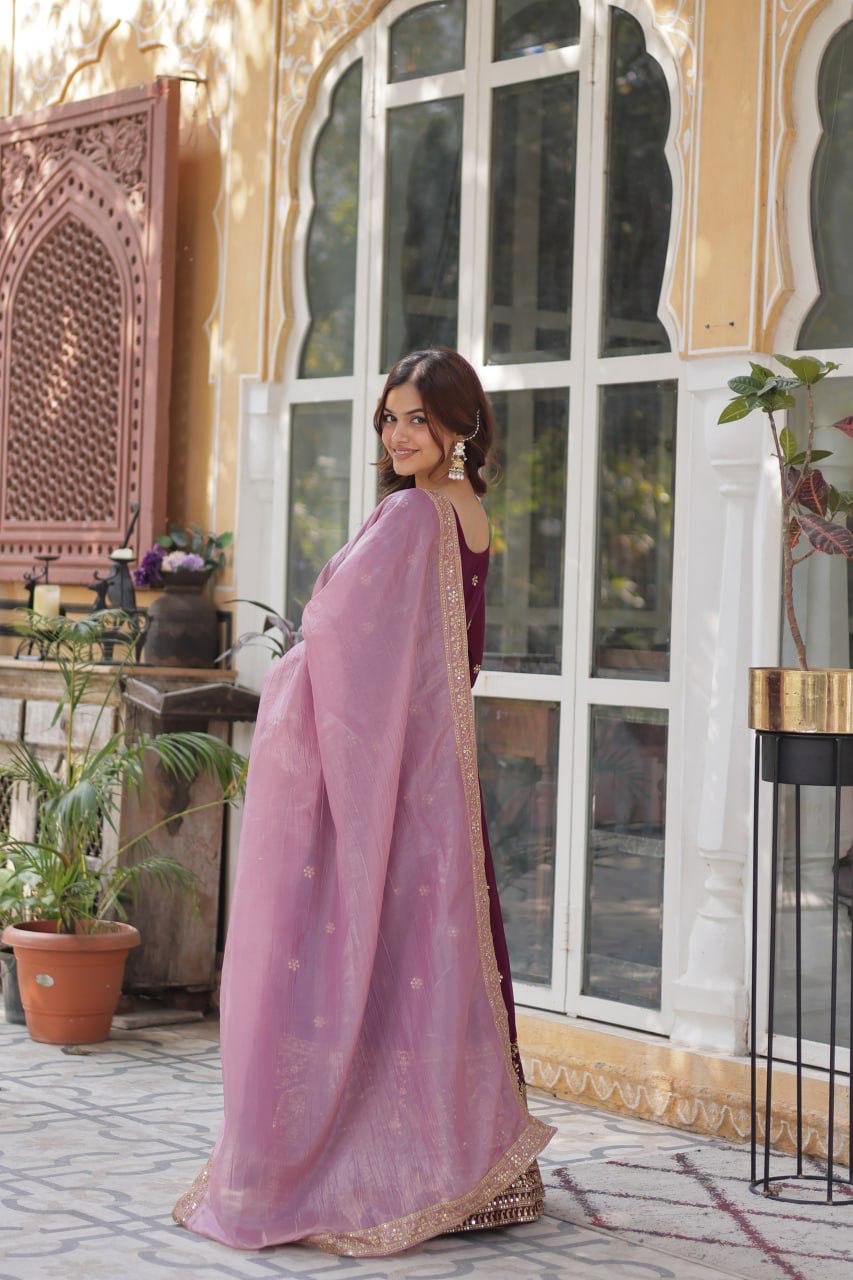 Premium Embroidered Georgette Gown with Gold Crush Dupatta