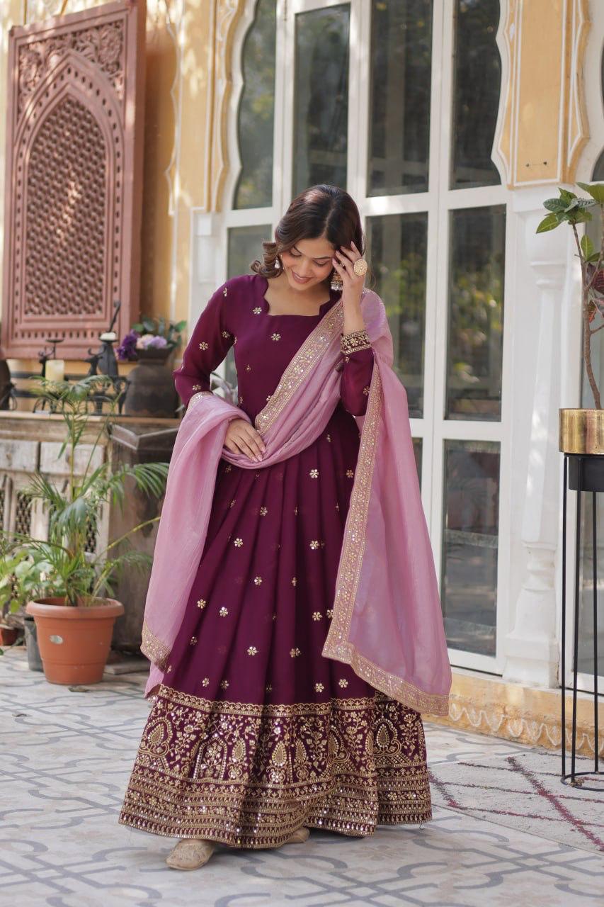 Premium Embroidered Georgette Gown with Gold Crush Dupatta