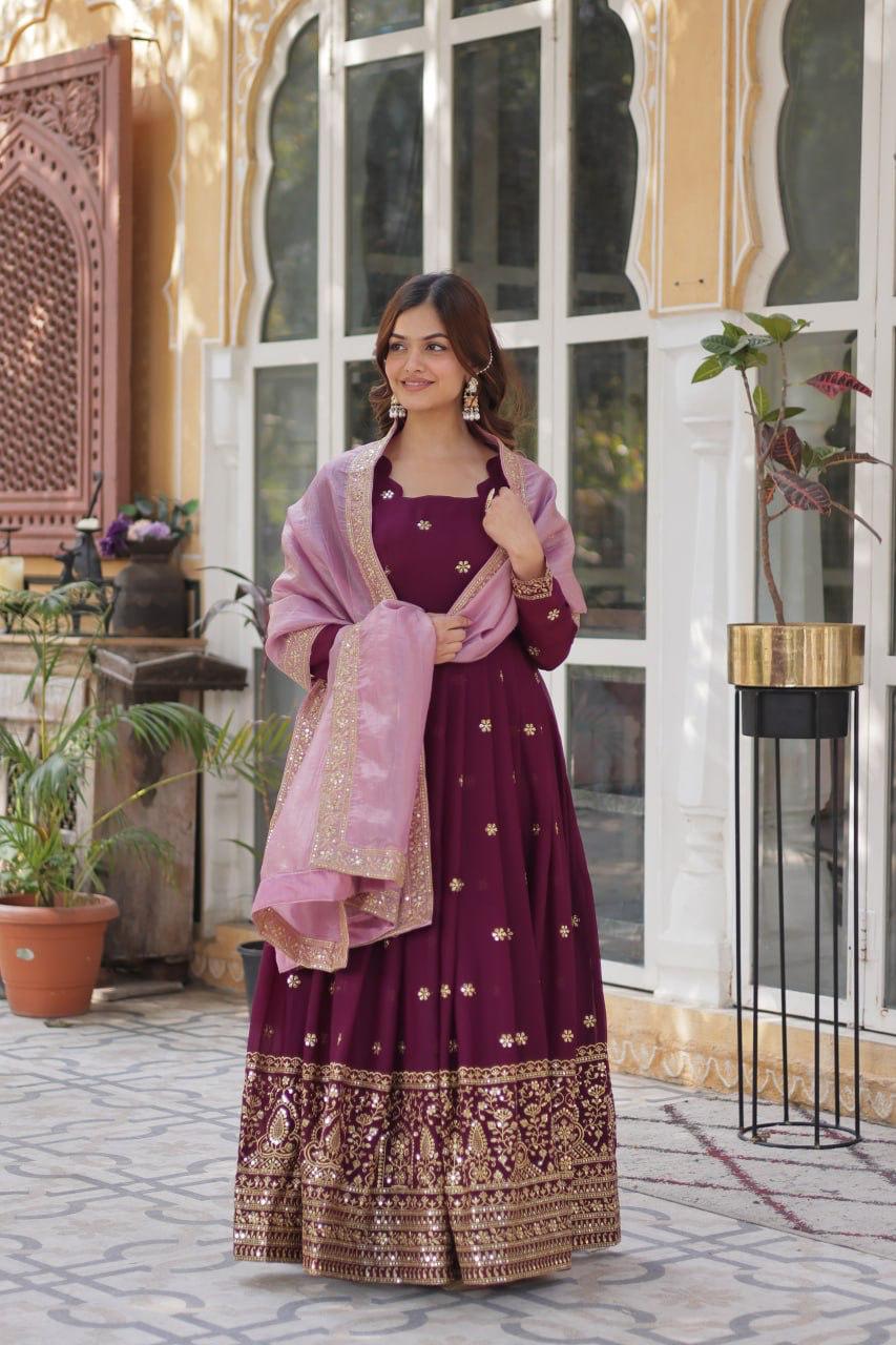 Premium Embroidered Georgette Gown with Gold Crush Dupatta