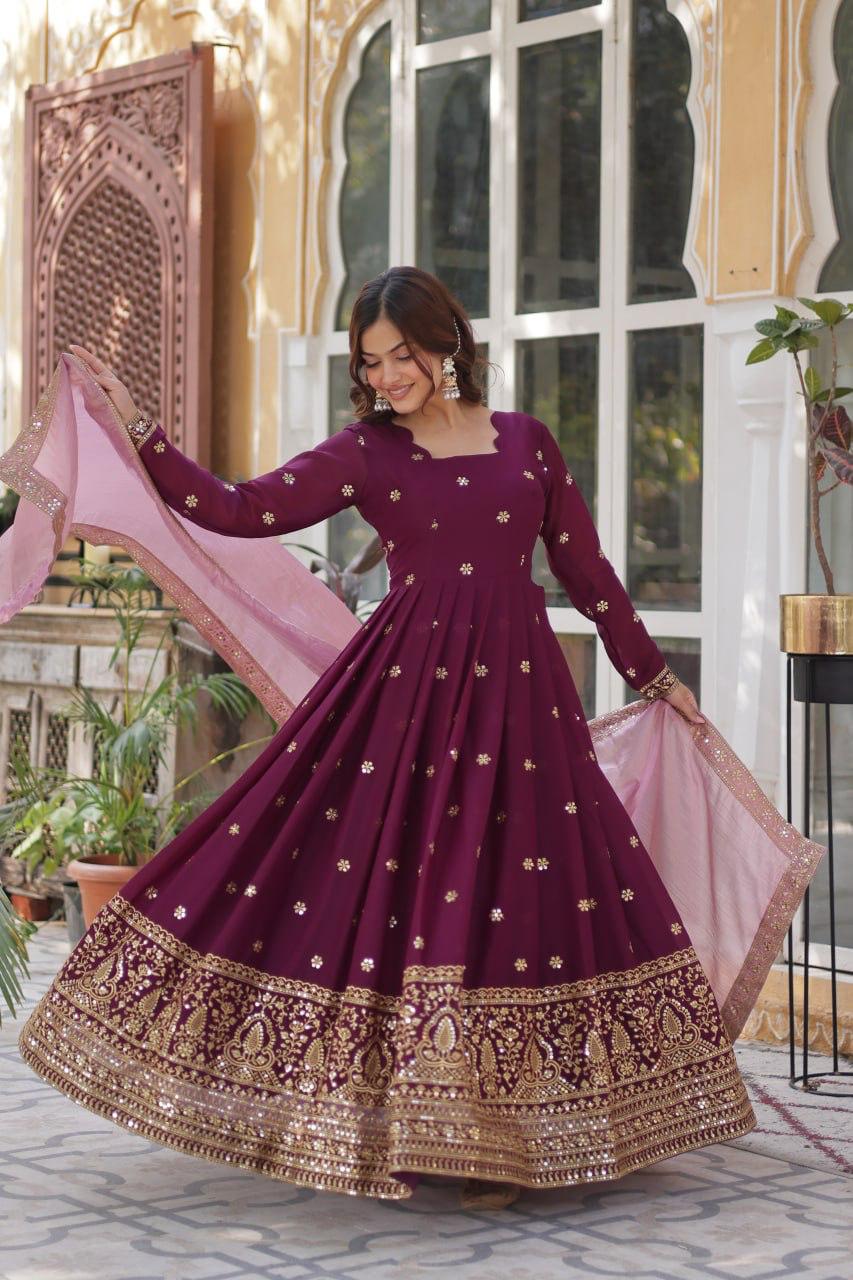 Premium Embroidered Georgette Gown with Gold Crush Dupatta