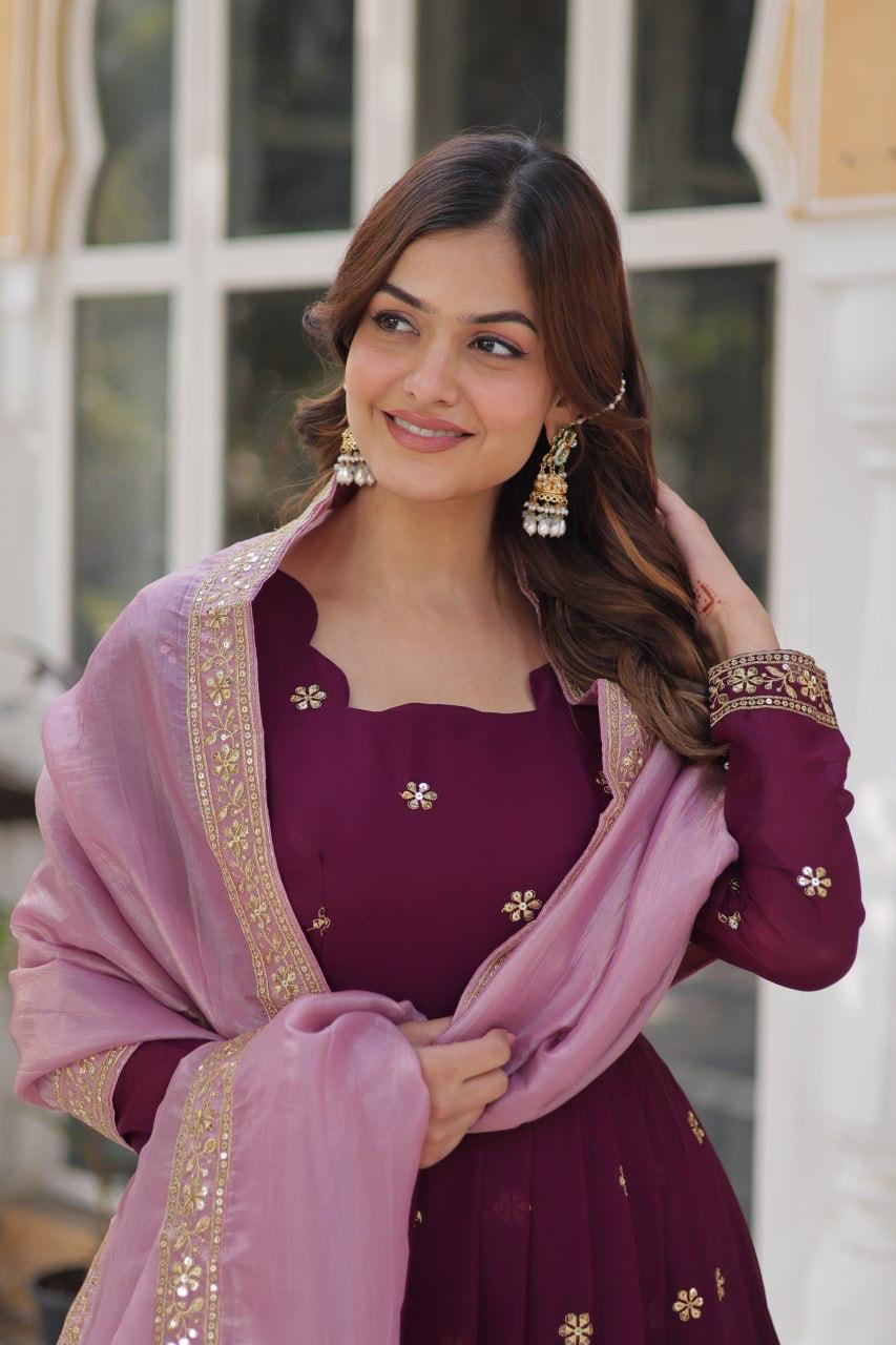 Premium Embroidered Georgette Gown with Gold Crush Dupatta