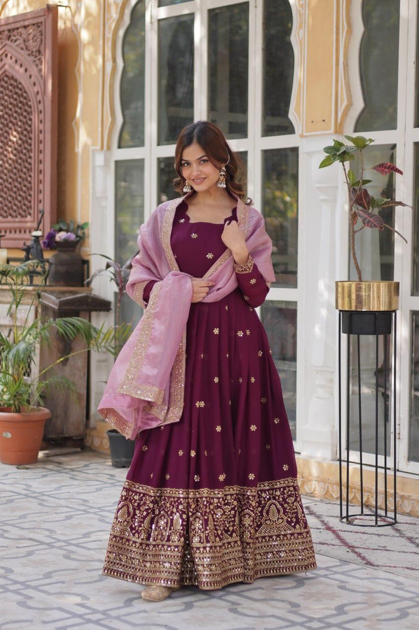 Premium Embroidered Georgette Gown with Gold Crush Dupatta