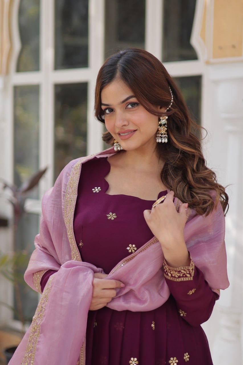 Premium Embroidered Georgette Gown with Gold Crush Dupatta
