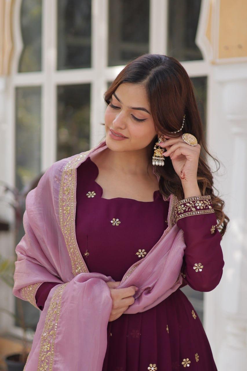Premium Embroidered Georgette Gown with Gold Crush Dupatta