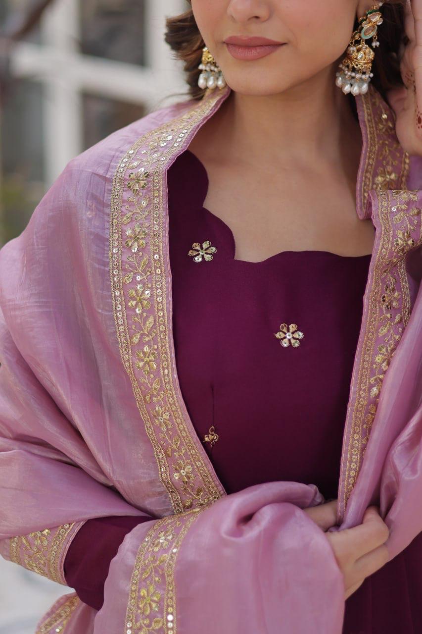 Premium Embroidered Georgette Gown with Gold Crush Dupatta