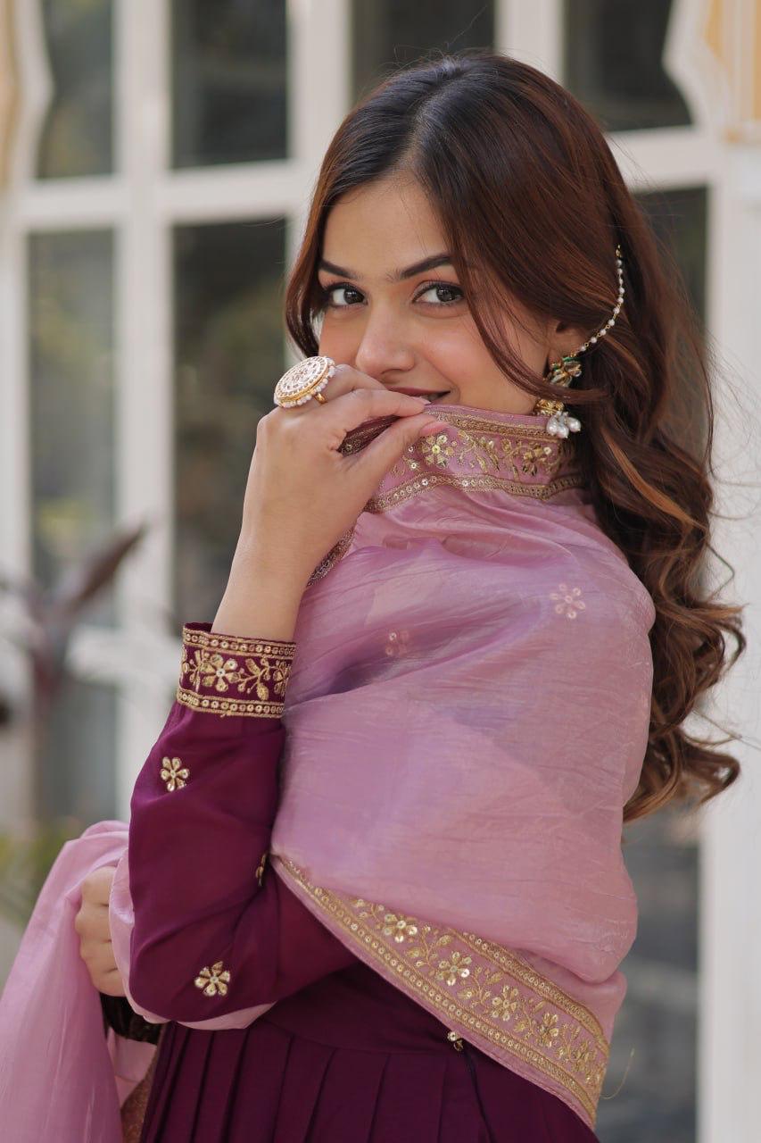 Premium Embroidered Georgette Gown with Gold Crush Dupatta
