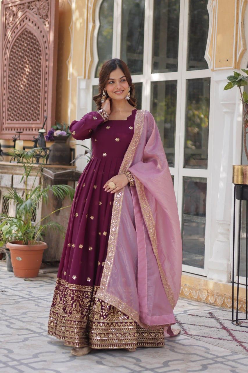 Premium Embroidered Georgette Gown with Gold Crush Dupatta