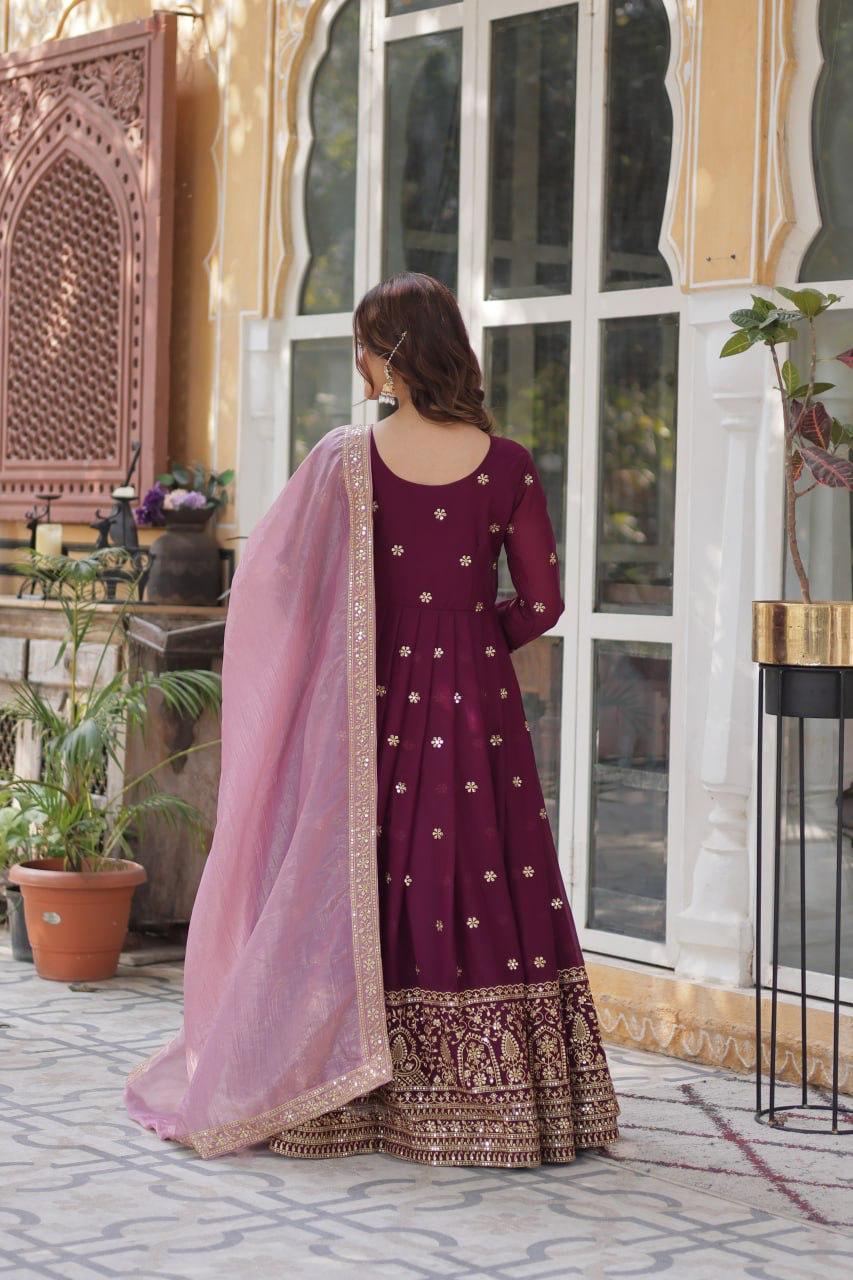 Premium Embroidered Georgette Gown with Gold Crush Dupatta