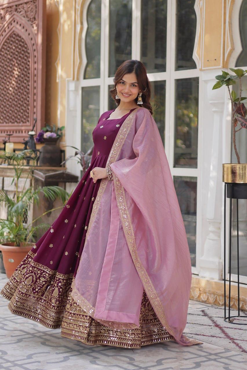 Premium Embroidered Georgette Gown with Gold Crush Dupatta