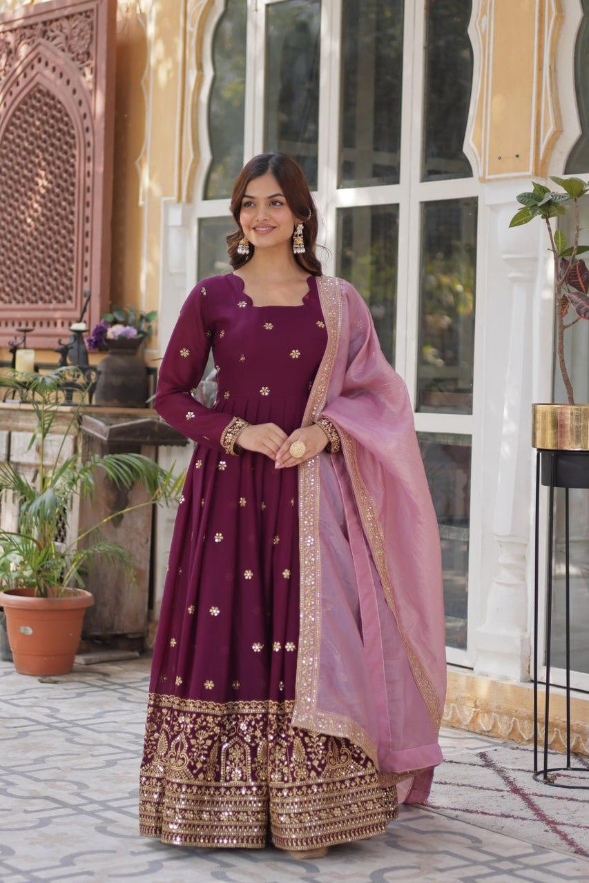Premium Embroidered Georgette Gown with Gold Crush Dupatta