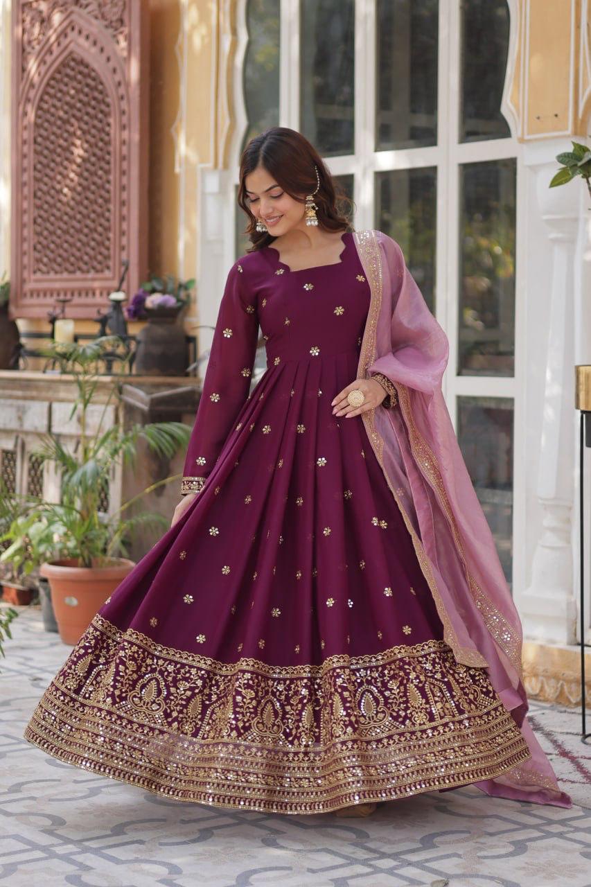Premium Embroidered Georgette Gown with Gold Crush Dupatta