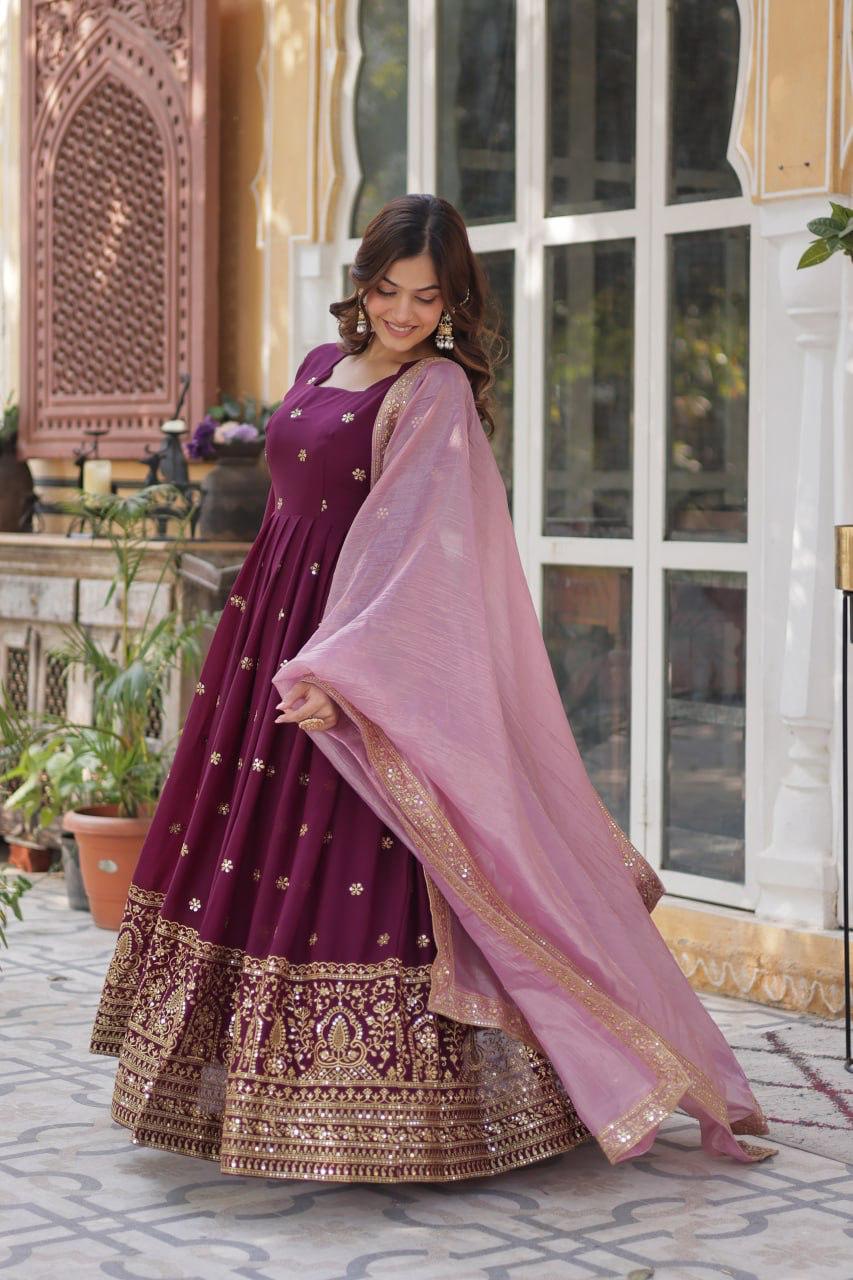 Premium Embroidered Georgette Gown with Gold Crush Dupatta