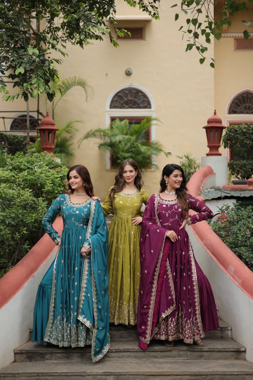 Designer Chinon Kurti, Sharara & Dupatta Set