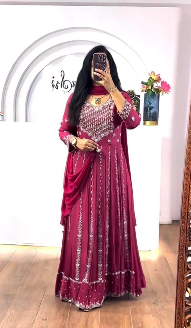 Luxury Embroidered Chinon Gown with Dupatta