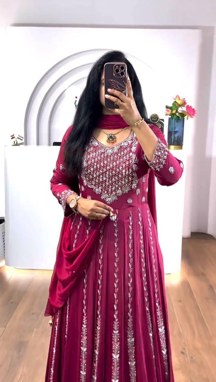Luxury Embroidered Chinon Gown with Dupatta