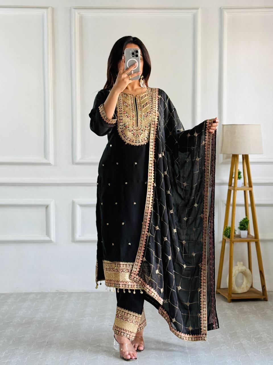Elegant Cosmo Silk Embroidered Suit Set