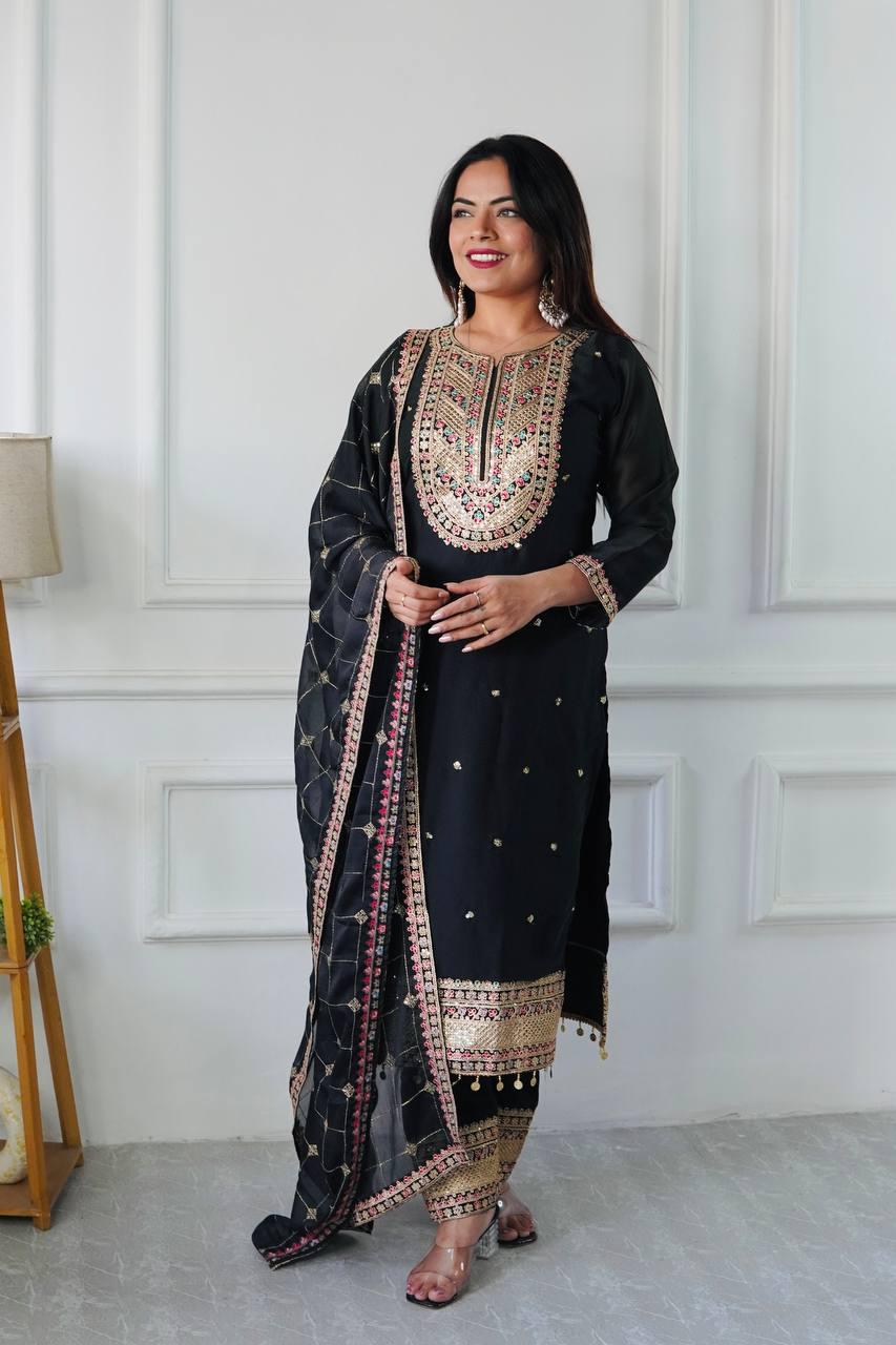 Elegant Cosmo Silk Embroidered Suit Set