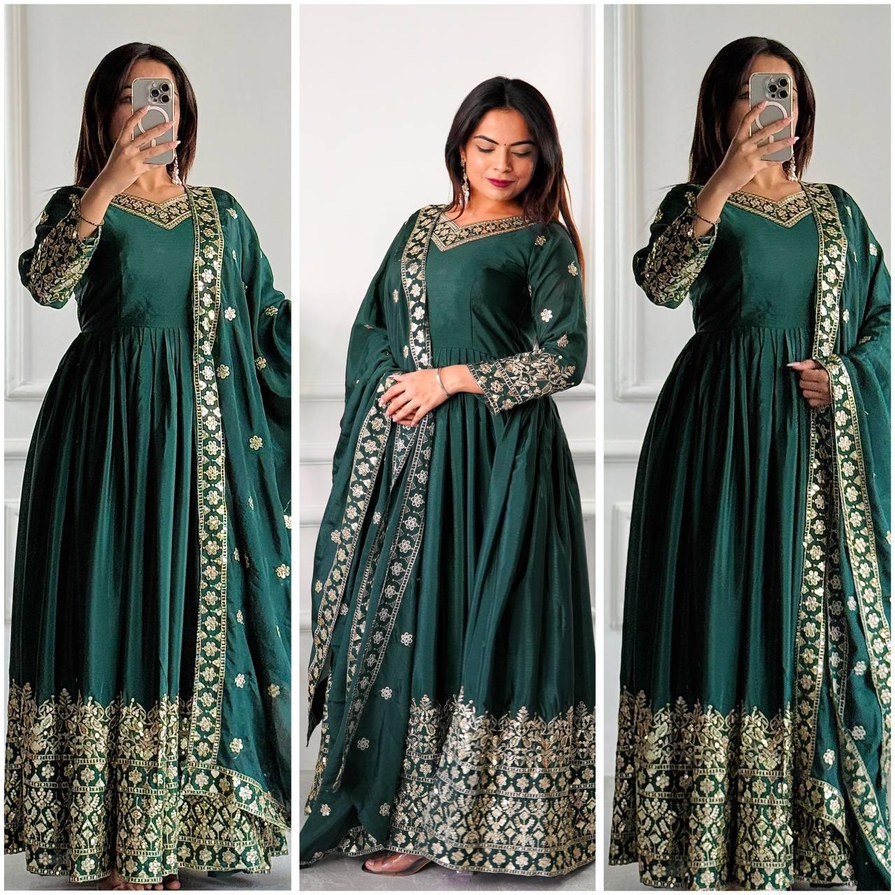 Glamorous Cinon Silk Gown-Pant Dupatta Set