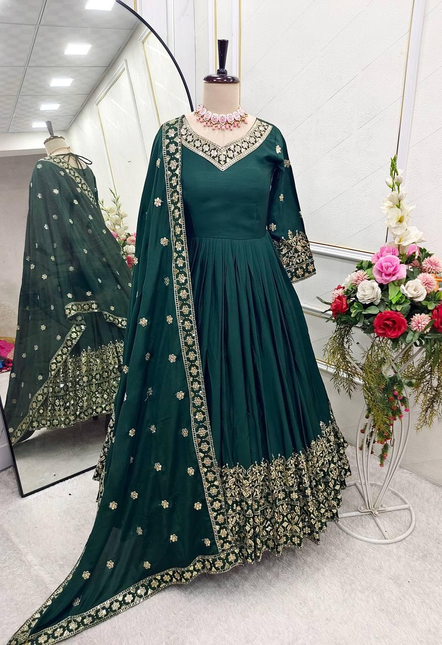 Glamorous Cinon Silk Gown-Pant Dupatta Set