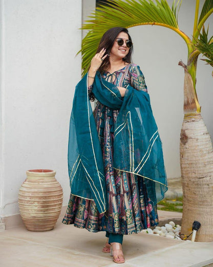 Elegant Teal Chinnon Gown Set