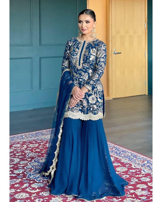 Elegant Navy Blue Faux Georgette Sharara Suit