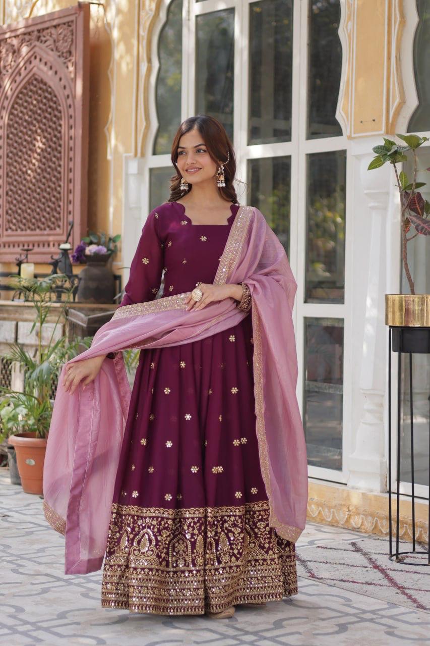 Premium Embroidered Georgette Gown with Gold Crush Dupatta