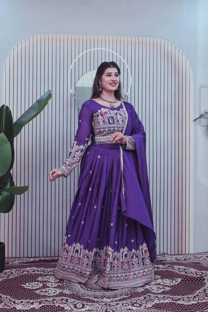 Royal Purple Chinon Embroidered Lehenga Set