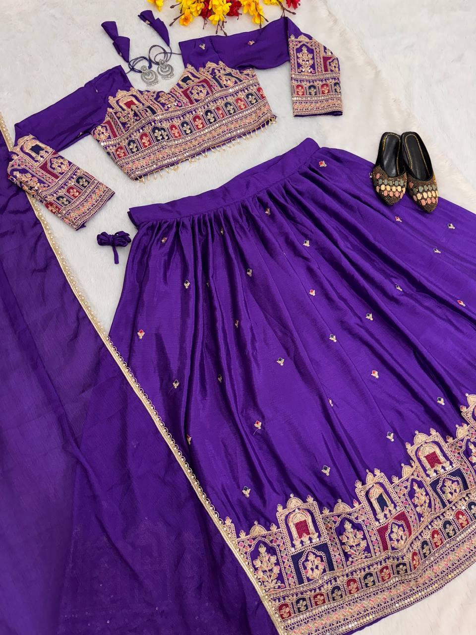 Royal Purple Chinon Embroidered Lehenga Set