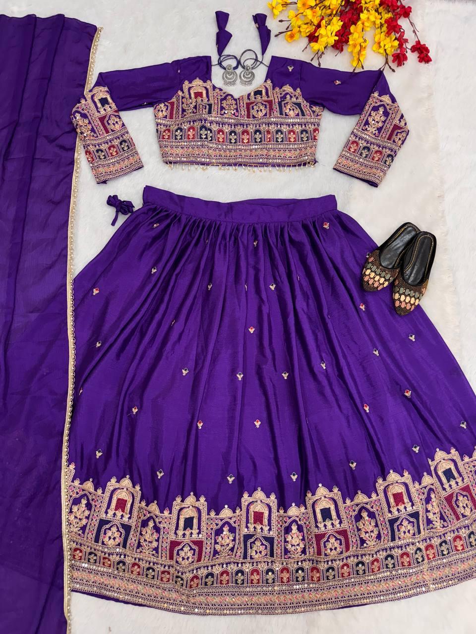 Royal Purple Chinon Embroidered Lehenga Set
