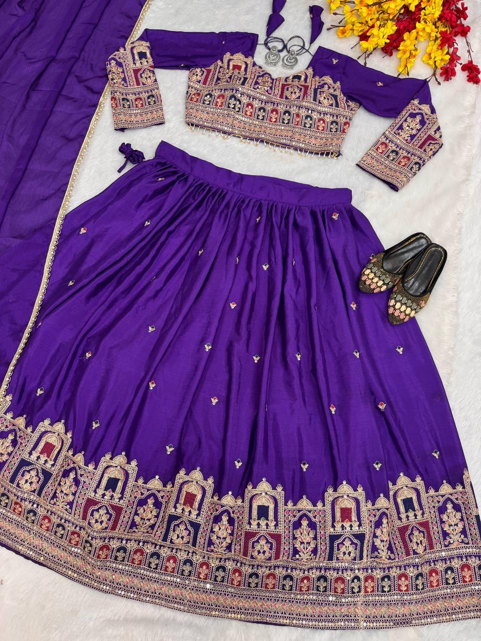 Royal Purple Chinon Embroidered Lehenga Set