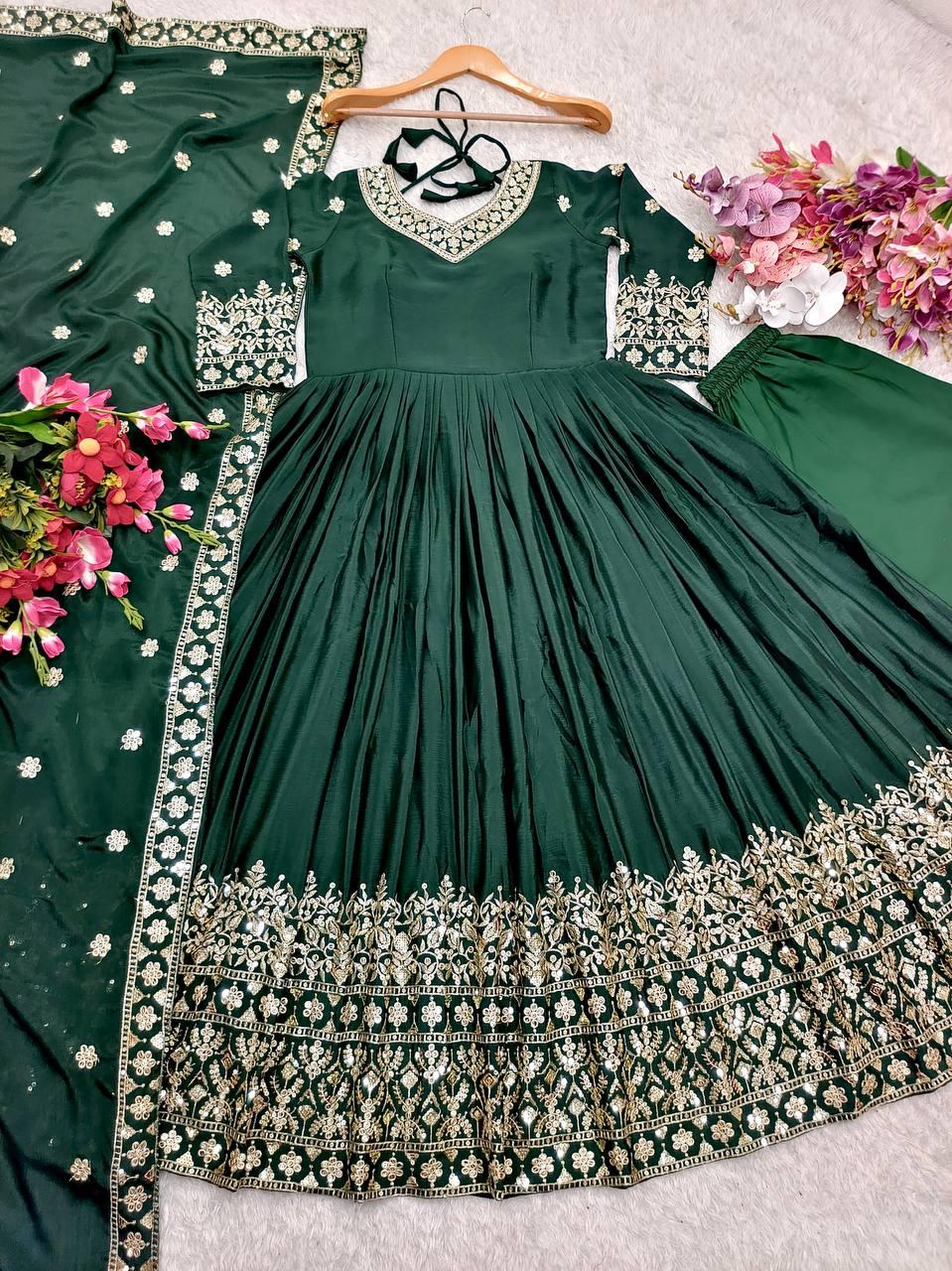 Glamorous Cinon Silk Gown-Pant Dupatta Set
