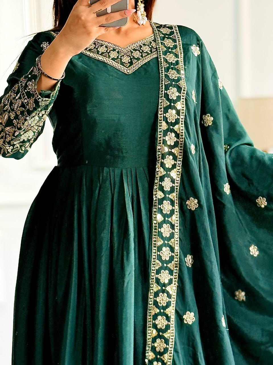 Glamorous Cinon Silk Gown-Pant Dupatta Set